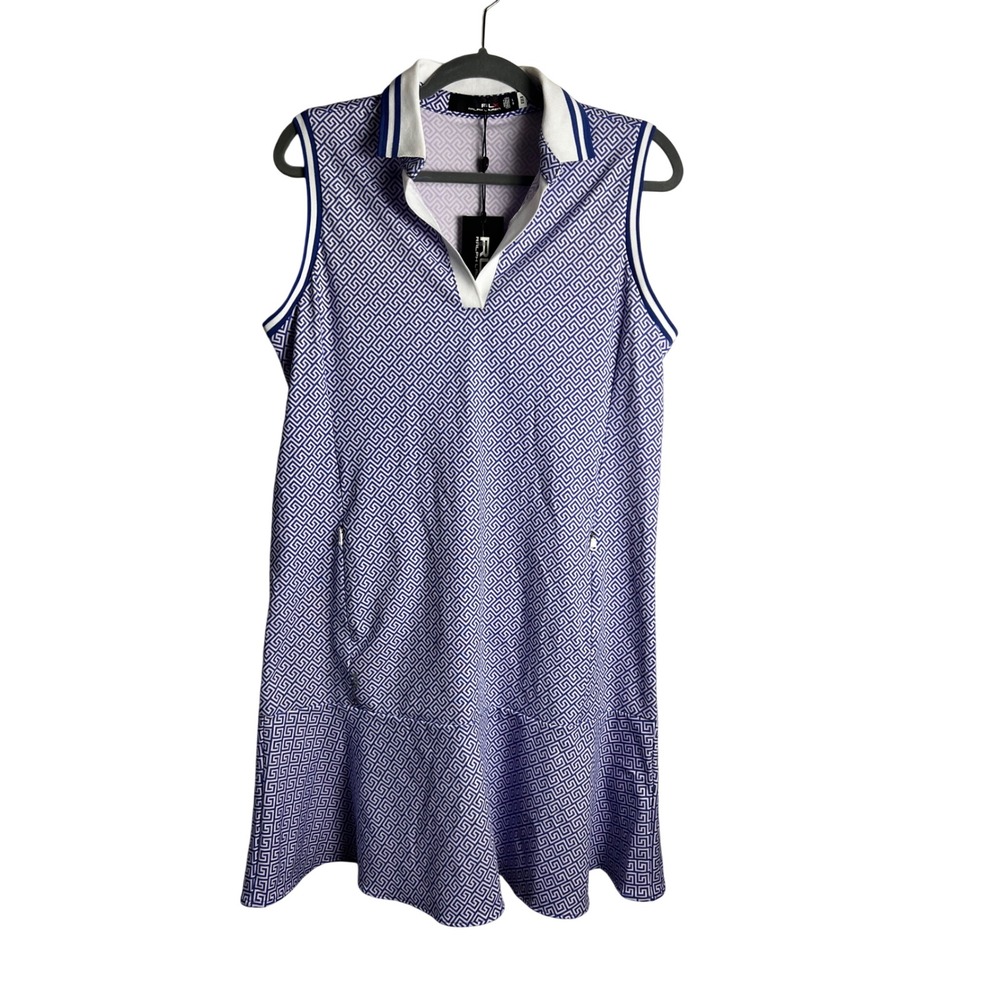 RLX Ralph Lauren Sleeveless Golf Dress Size Large Blue Geometric Performance NEW